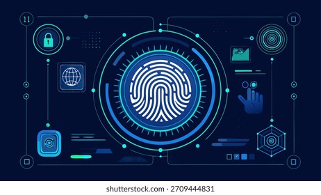 Un gráfico de escaneo de huellas dactilares brillante que representa la autenticación biométrica y la seguridad digital.
