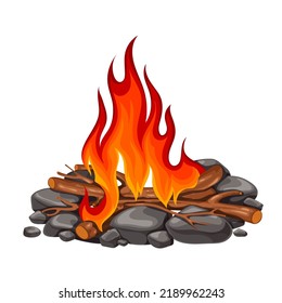 Glowing Fire Of Bonfire With Charcoal And Firewood Vector Illustration. Cartoon Isolated Fiery Tongues Of Flame Burn On Rocks, Flammable Coal And Wood, Outdoor Campfire With Red Glow Flaming