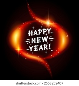 Glowing Fire Burning Round with Happy New Year Lettering on Dark Background. Vector clipart for your holiday projects.