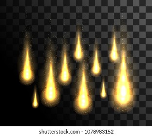 Glowing fire drops. Golden firework, light effects isolated on transparent background. Sunlight lens flare, stars. Shining elements. Holiday fireworks. Vector illustration.
