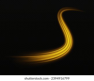 Glowing fire lines effect. Golden, glittering magic gold particles isolated on transparent background. Sparkling wavy light effect.