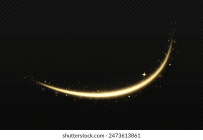 Glowing fire lines effect. Golden, glittering magic gold particles isolated on transparent background. Sparkling wavy light effect.