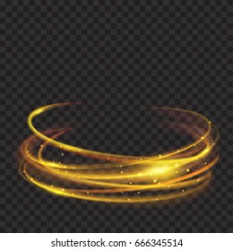 Glowing fire rings with glitter in gold colors on transparent background. Light effects. For used on dark backgrounds. Transparency only in vector format