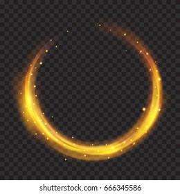 Glowing fire rings with glitter in gold colors on transparent background. Light effects. For used on dark backgrounds. Transparency only in vector format