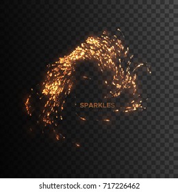 Glowing fire sparkles isolated on black background. Shiny volcanic particles. Light effect for design. Vorticity comet trail. Fire show or party flyer decoration element. Glittering splash shape