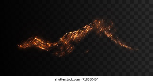 Glowing fire sparkles isolated on black background. Shiny volcanic particles. Light effect for design. Fire show or party flyer decoration element. Glittering wave splash shape