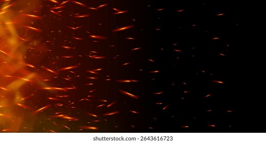 Glowing fire sparks and embers rise in dark smoky background. Hot flame, flare and burning particles evoke intense heat. Perfect for grill, fireplace or explosion themes. Realistic vector overlay.