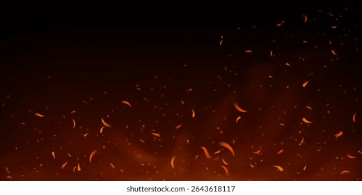Glowing fire sparks and embers rise from burning wood on dark background. Fiery particles and smoke create hot dynamic atmosphere. Perfect for grill, bonfire or fireplace themes. Realistic effect. Eps