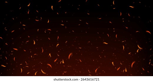 Glowing fire sparks and flying embers on dark smoky background. Fiery particles and red flame texture evoke heat, danger and explosion. Perfect for bonfire, grill or power themes. Realistic vector art