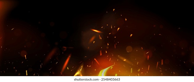 Glowing fire sparks rise on dark background. Bright embers scatter upward from luminous base. Realistic vector fiery backdrop with flame flash elements for depicting heat, danger or energetic effects.