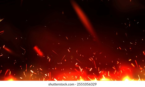 Glowing fire sparks rise on dark background. Bright embers scatter upward from luminous base. Realistic vector fiery backdrop with flame flash elements for depicting heat, danger or energetic effects.