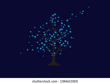 Glowing fireflies in the night.Fireflies on the tree. An abstract tree that glows because of fireflies. Vector Magic lights illustration EPS 10. 