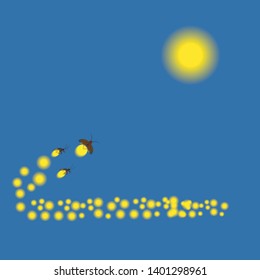 Glowing fireflies on a grass filed at night . Enigmatic and mysterious illustration with beautiful blue lights in the night. firefly spread wings and light at the end of body.