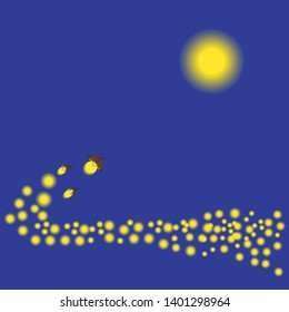 Glowing fireflies on a grass filed at night . Enigmatic and mysterious illustration with beautiful blue lights in the night. firefly spread wings and light at the end of body.
