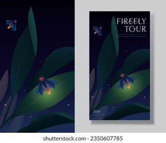 Glowing fireflies resting on green leaves in natural habitat surrounded by yellow sparkles. Serene firefly tour event poster isolated on light grey background.