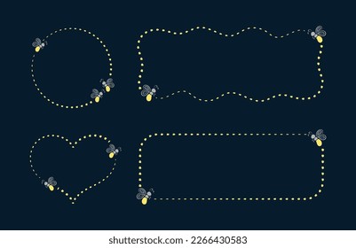 Colección clipart de marco de luciérnaga brillante. Fireflies volando plantilla de borde de pista con espacio de copia.
