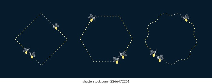 Glowing firefly frame clipart collection. Fireflies flying trail geometric border template with copy space.