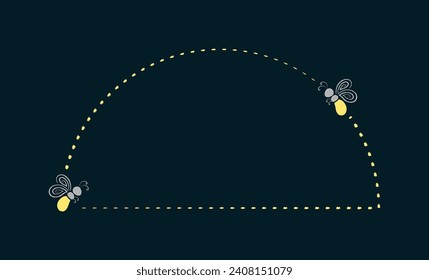Glowing firefly half circle frame clipart collection. Fireflies flying trail border template with copy space.