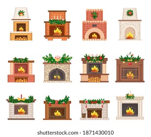 Glowing fireplace decorated by Santa socks and colorful gift boxes, candles and snowman. Chimney adorned with chaplet. Holiday decoration vector set