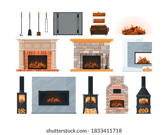 Glowing fireplace warmth equipment, firewood and accessory. Classical, obsolete and modern heating furnace, grate, grate, poker, scoop, tongs, hook vector illustration isolated on white background