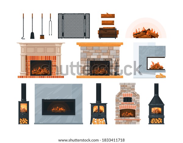 Glowing fireplace warmth equipment, firewood\
and accessory. Classical, obsolete and modern heating furnace,\
grate, grate, poker, scoop, tongs, hook vector illustration\
isolated on white\
background