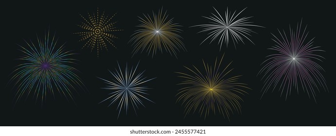 Glowing firework collection. Fireworks isolated on a dark transparent background. Festive fireworks, explosion. Design template for celebrating concept, greeting cards, banners. Vector Illustration.