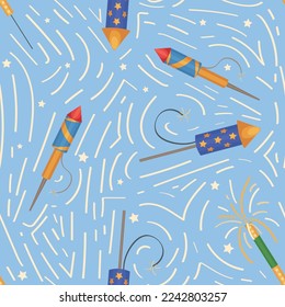 Glowing firework petards on blue background. Pattern for design