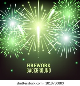 Glowing fireworks or firecrackers exploding at night sky background, realistic vector illustration. Backdrop template with holiday and celebration event illumination.