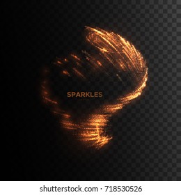 Glowing flame sparks isolated on black. Shiny volcanic particles. Combustion light effect for design. Hell fire sparkles shape. Fire show or party flyer decoration element. Vector illustration