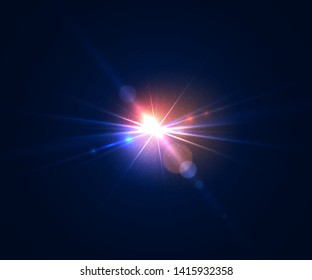 Glowing flash. Beautiful glare effect with bokeh, glitter particles and rays. Sparkling light effects of lens flare with colorful twinkle. Shining abstract background. Vector illustration.