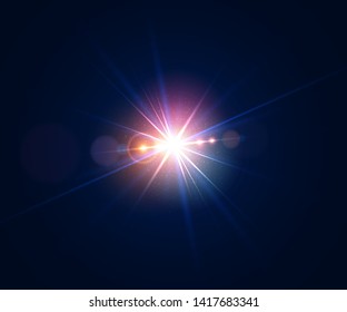 Glowing flash. Beautiful glare effect with bokeh, glitter particles and rays. Sparkling light effects of lens flare with colorful twinkle. Shining abstract background. Vector illustration.
