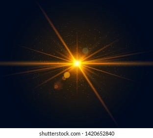 Glowing flash. Beautiful glare effect with bokeh, glitter particles and rays. Sparkling light effects of lens flare with colorful twinkle. Shining abstract background. Vector illustration.