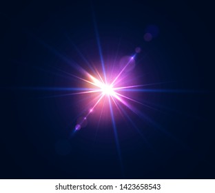 Glowing flash. Beautiful glare effect with bokeh, glitter particles and rays. Sparkling light effects of lens flare with colorful twinkle. Shining abstract background. Vector illustration.