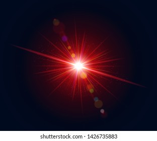 Glowing flash. Beautiful glare effect with bokeh, glitter particles and rays. Sparkling light effects of lens flare with colorful twinkle. Shining abstract background. Vector illustration.