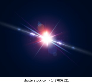 Glowing flash. Beautiful glare effect with bokeh, glitter particles and rays. Sparkling light effects of lens flare with colorful twinkle. Shining abstract background. Vector illustration.