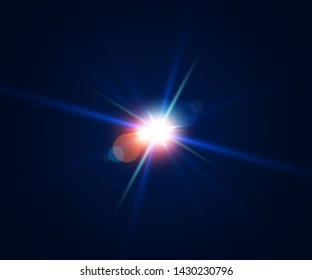 Glowing flash. Beautiful glare effect with bokeh, glitter particles and rays. Sparkling light effects of lens flare with colorful twinkle. Shining abstract background. Vector illustration.