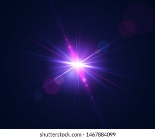 Glowing flash. Beautiful glare effect with bokeh, glitter particles and rays. Sparkling light effects of lens flare with colorful twinkle. Shining abstract background. Vector illustration.