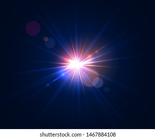 Glowing flash. Beautiful glare effect with bokeh, glitter particles and rays. Sparkling light effects of lens flare with colorful twinkle. Shining abstract background. Vector illustration.