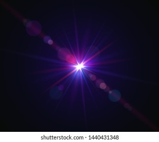Glowing flash. Sparkling light effects of lens flare with colorful twinkle. Beautiful glare effect with bokeh, glitter particles and rays. Shining abstract background. Vector illustration