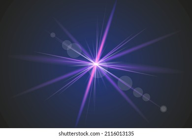 Glowing flash. Sparkling light effects of lens flare with colorful twinkle. Beautiful glare effect with bokeh, glitter particles and rays. Shining abstract background. Vector .
