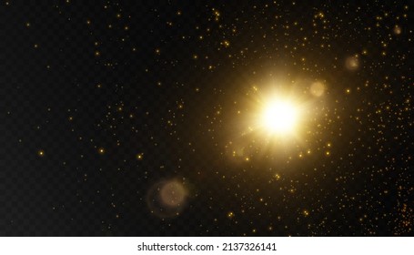 Glowing flash. Sparkling light effects of lens flare with colorful twinkle. Beautiful glare effect with bokeh, glitter particles and rays. Shining abstract background. Vector illustration