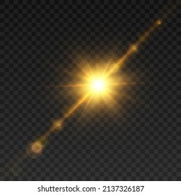 Glowing flash. Sparkling light effects of lens flare with colorful twinkle. Beautiful glare effect with bokeh, glitter particles and rays. Shining abstract background. Vector illustration
