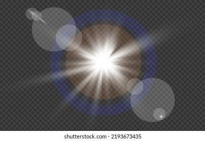 Glowing flash. Sparkling light effects of lens flare with colorful twinkle. Beautiful glare effect with bokeh, glitter particles and rays. Shining abstract background.