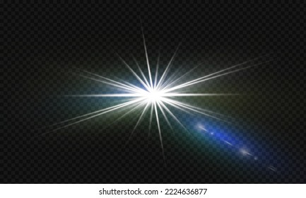 Glowing flash. Sparkling light effects of lens flare with colorful twinkle. Beautiful glare effect with bokeh, glitter particles and rays. Shining abstract background.