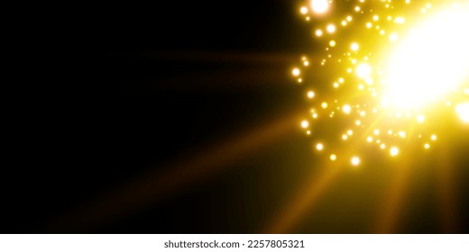 Glowing flash. Sparkling light effects of lens flare with colorful twinkle. Beautiful glare effect with bokeh, glitter particles and rays. Shining abstract background. Vector illustration