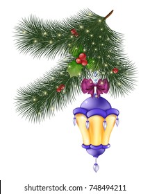 Glowing flashlight with a bow on the Christmas tree with beads and flowers illustration of a white background