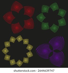 Glowing flower icons. Abstract colorful shapes. Vector dark background. Petal symmetry design.