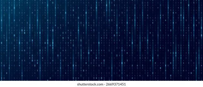 Glowing flowing blue binary code with random digits 0 and 1 for Technology or Science background. Data coding concept for programming web presentation. Vector illustration.
