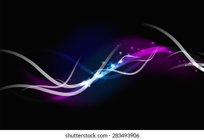 Glowing flowing waves and stars in dark space. Vector illustration. Abstract background