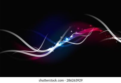 Glowing flowing waves and stars in dark space. Vector illustration. Abstract background
